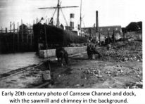 Early 20th century photo of Carnsew Channel and dock, with the sawmill and chimney in the background