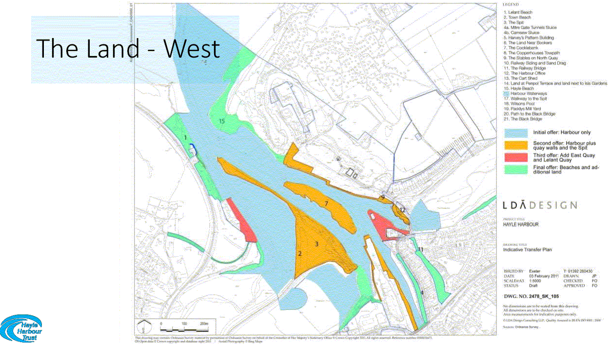 HHT - The Land - West - Initial Offer - Harbour only (blue) plus Second offer: Harbour plus quay walls and the Spit plus Third offer: Add East Quay and Lelant Quay Final offer: Beaches and additional land