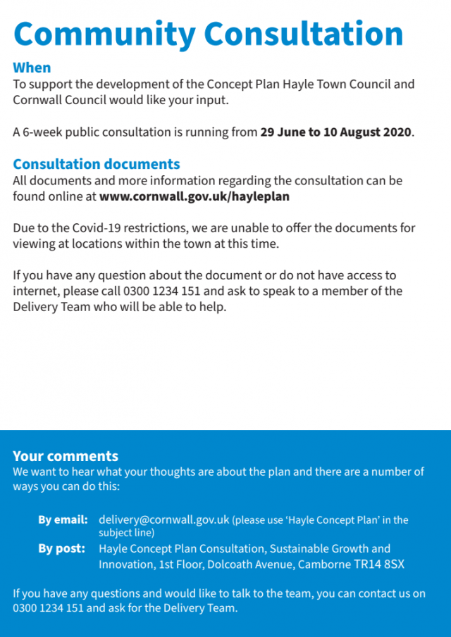Community Consultation - A 6-week public consultation is running from 29 June to 10 August 2020 | Hayle Growth Area Concept Plan Community Consultation - A 6-week public consultation is running from 29 June to 10 August 2020 | Hayle Growth Area Concept Plan