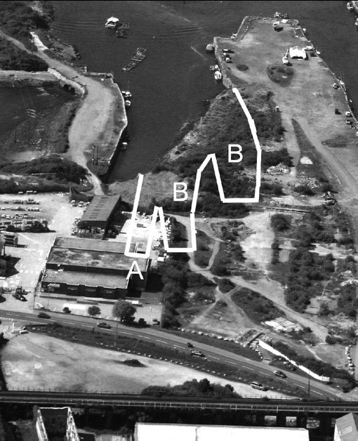 The bottom of the photo shows Jewsons building, Carnsew Road and the railway. A = Carnsew Dock B = Main slipways